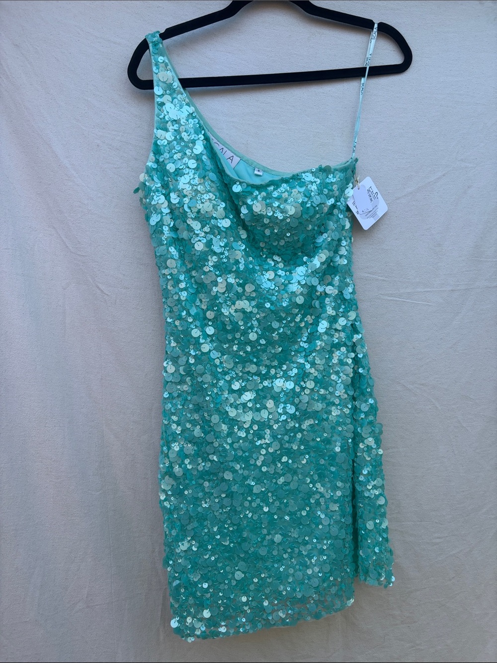 Sequin One-Shoulder Mini Dress in Aqua